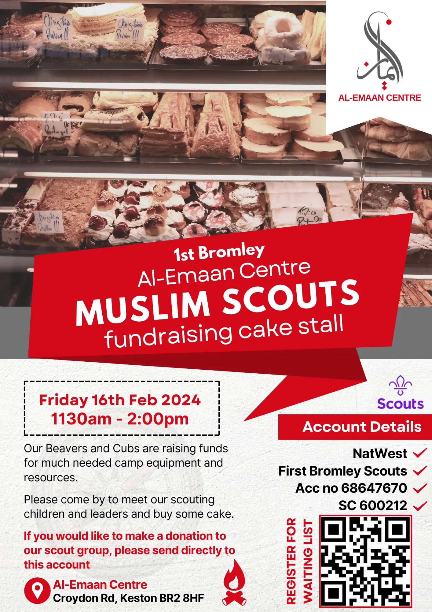1st Bromley Al-Emaan Centre Muslim Scouts fundraising cake stall